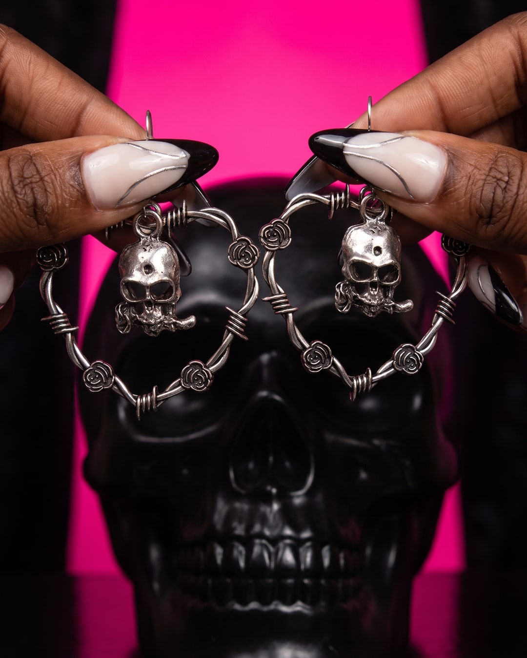 Barbed Wire Heart Skull Earrings, Rose and Thorn Gothic Dangles, Dark Romantic Drop Earrings. Photograph 1 of 4.