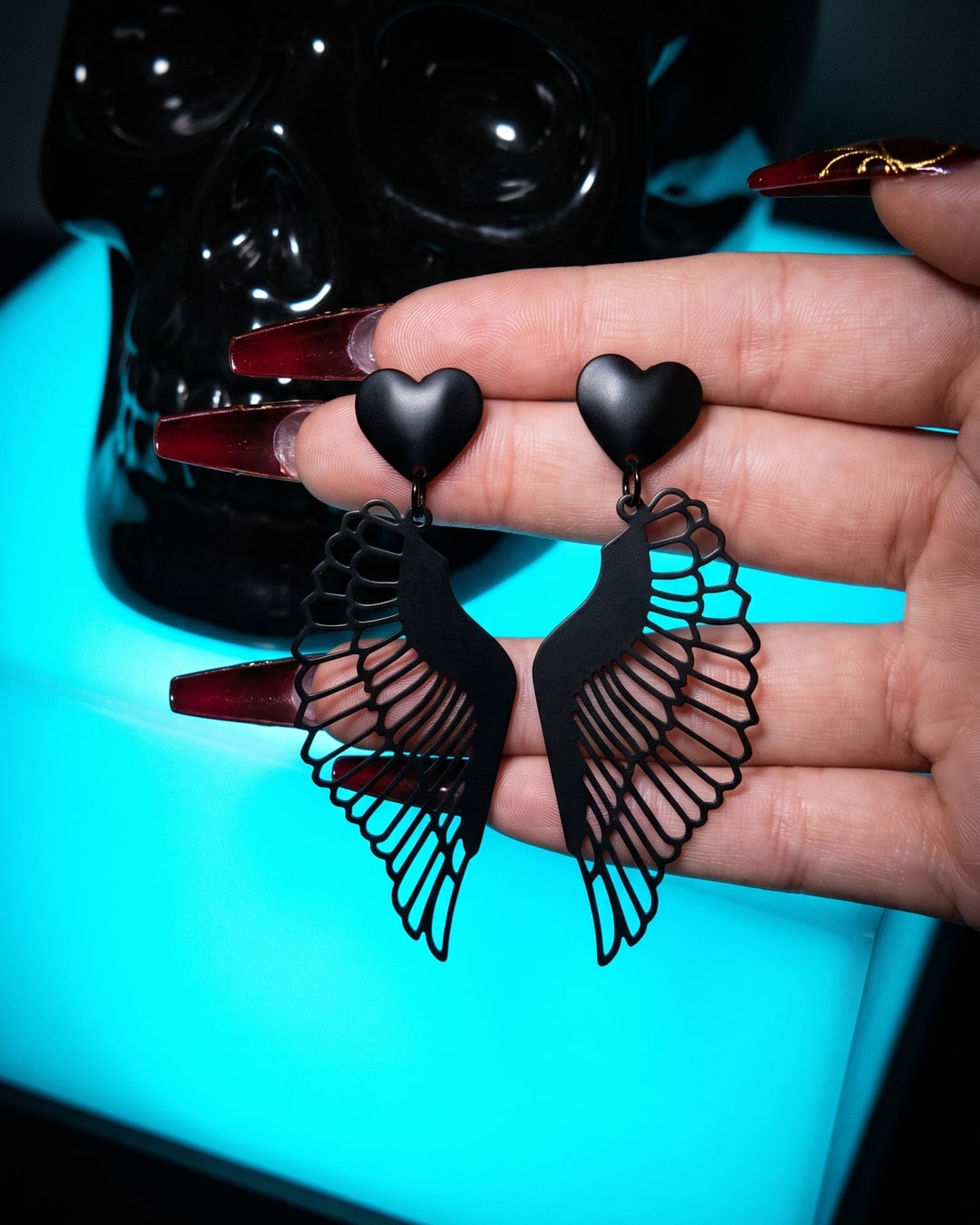 Black Angel Wing Earrings, Gothic Heart Stud Drops, Dark Romantic Filigree Wings, Matte Black Pair. Photograph 1 of 4.