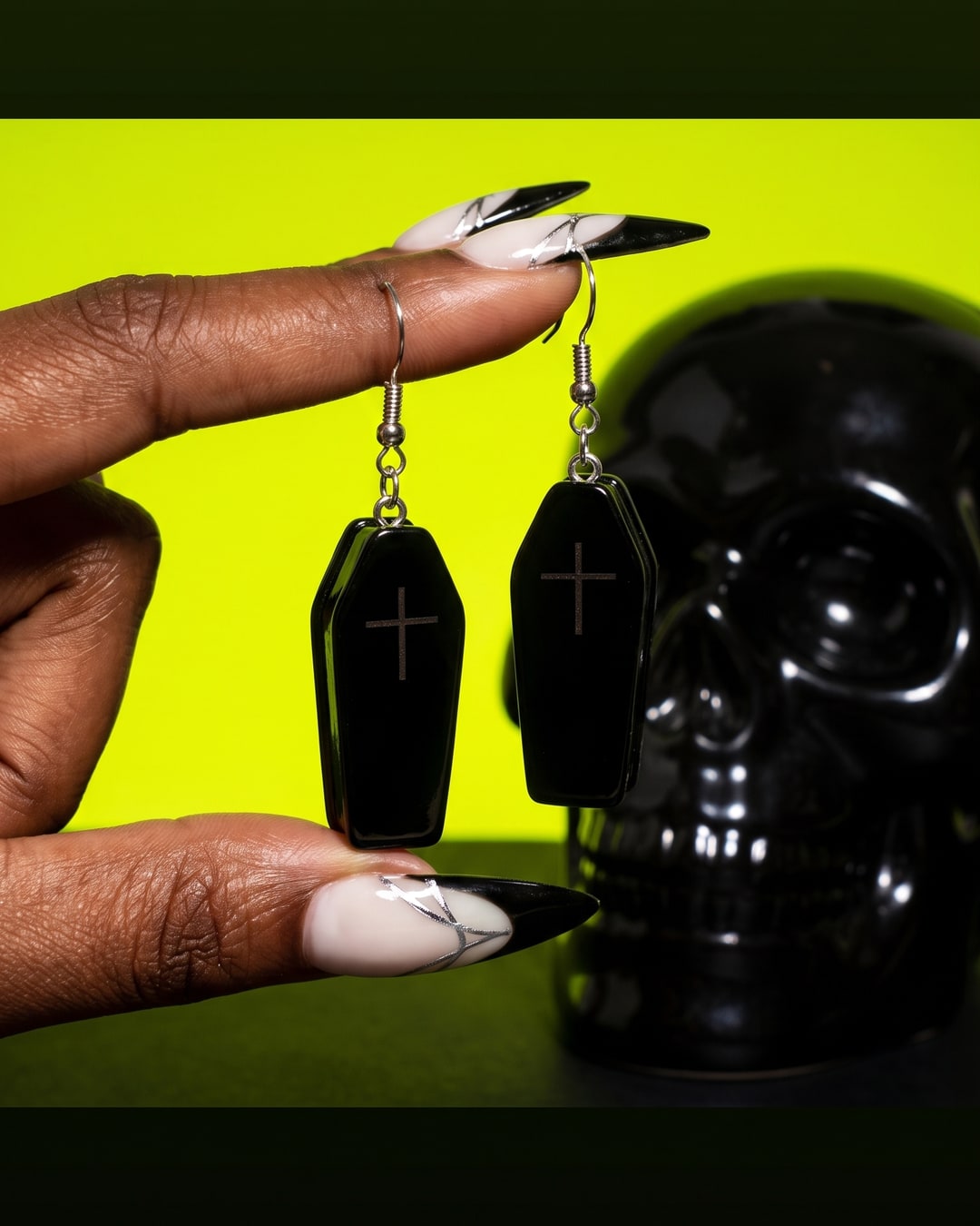 Black Coffin Drop Earrings with Engraved Cross, Dark Feminine Gothic Jewelry, Glossy Silver-Tone Fishhook Dangles. Photograph 1 of 4.