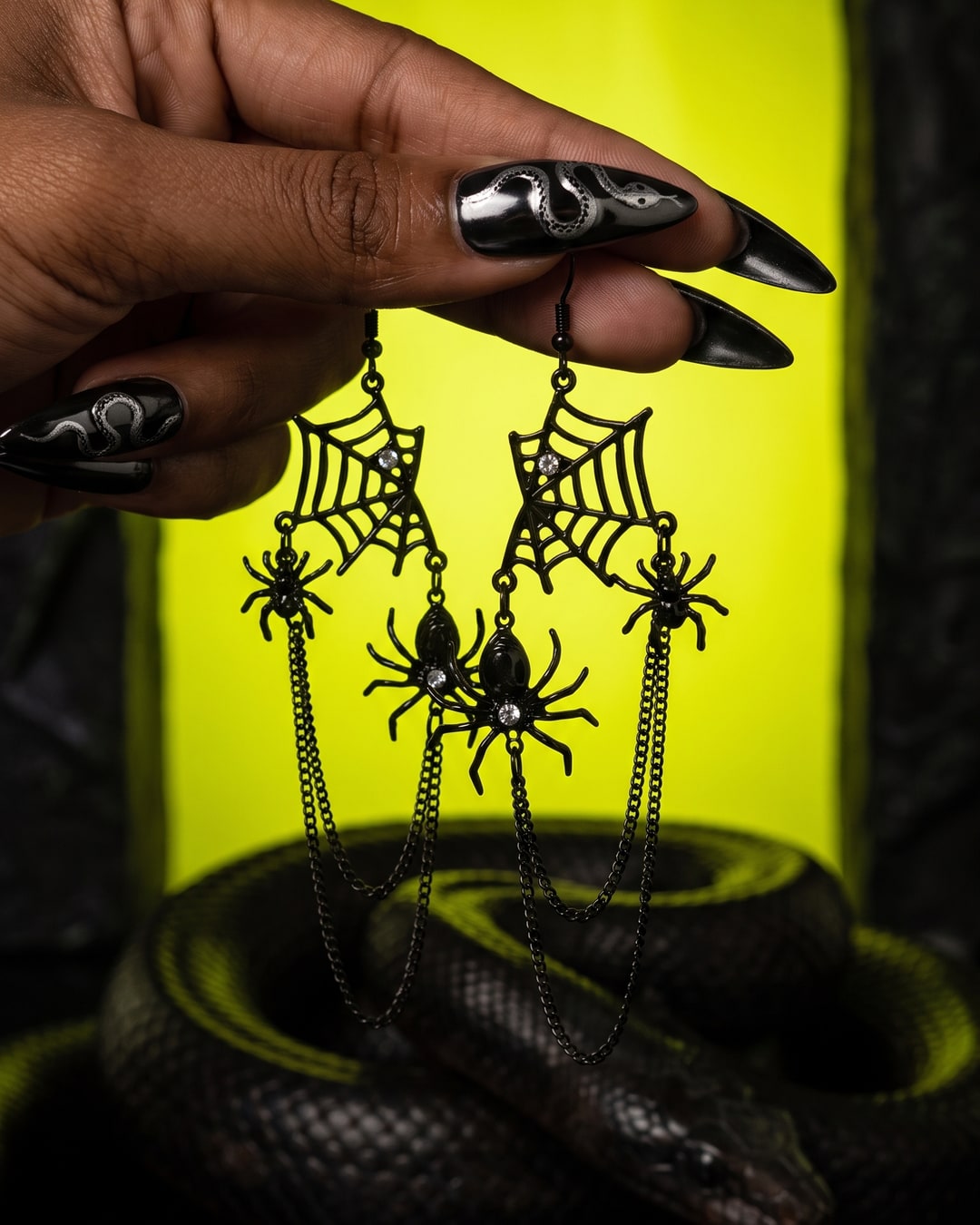 Black Spider Web Drop Earrings, Gothic Chain Tassel Dangles, Rhinestone Spider Charms. Photograph 1 of 4.