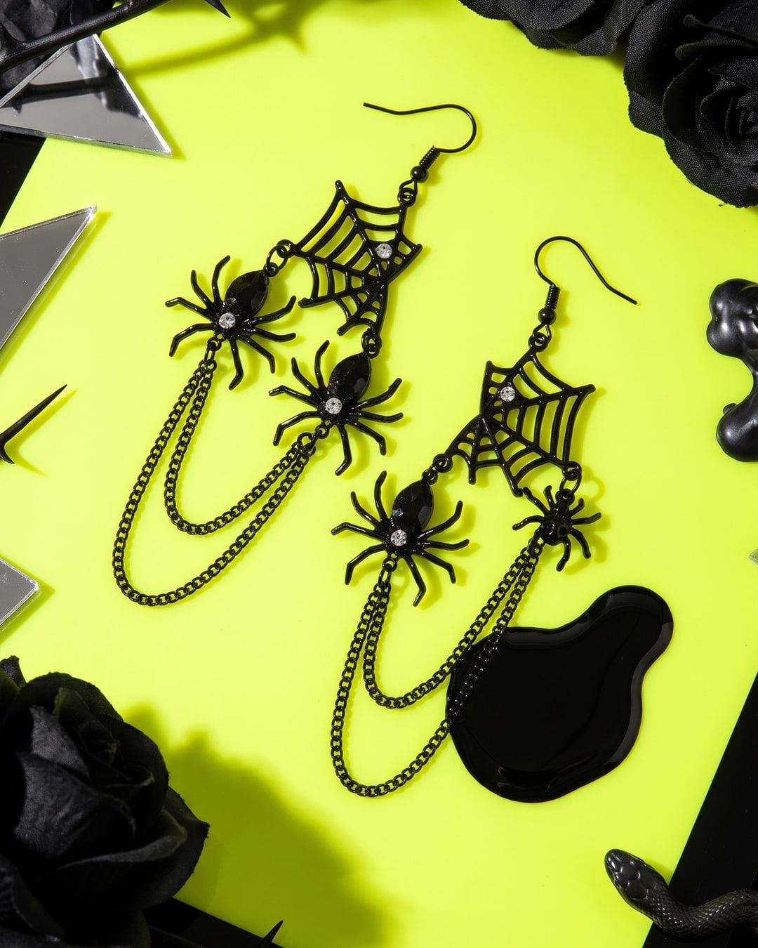 Black Spider Web Drop Earrings, Gothic Chain Tassel Dangles, Rhinestone Spider Charms. Photograph 2 of 4.