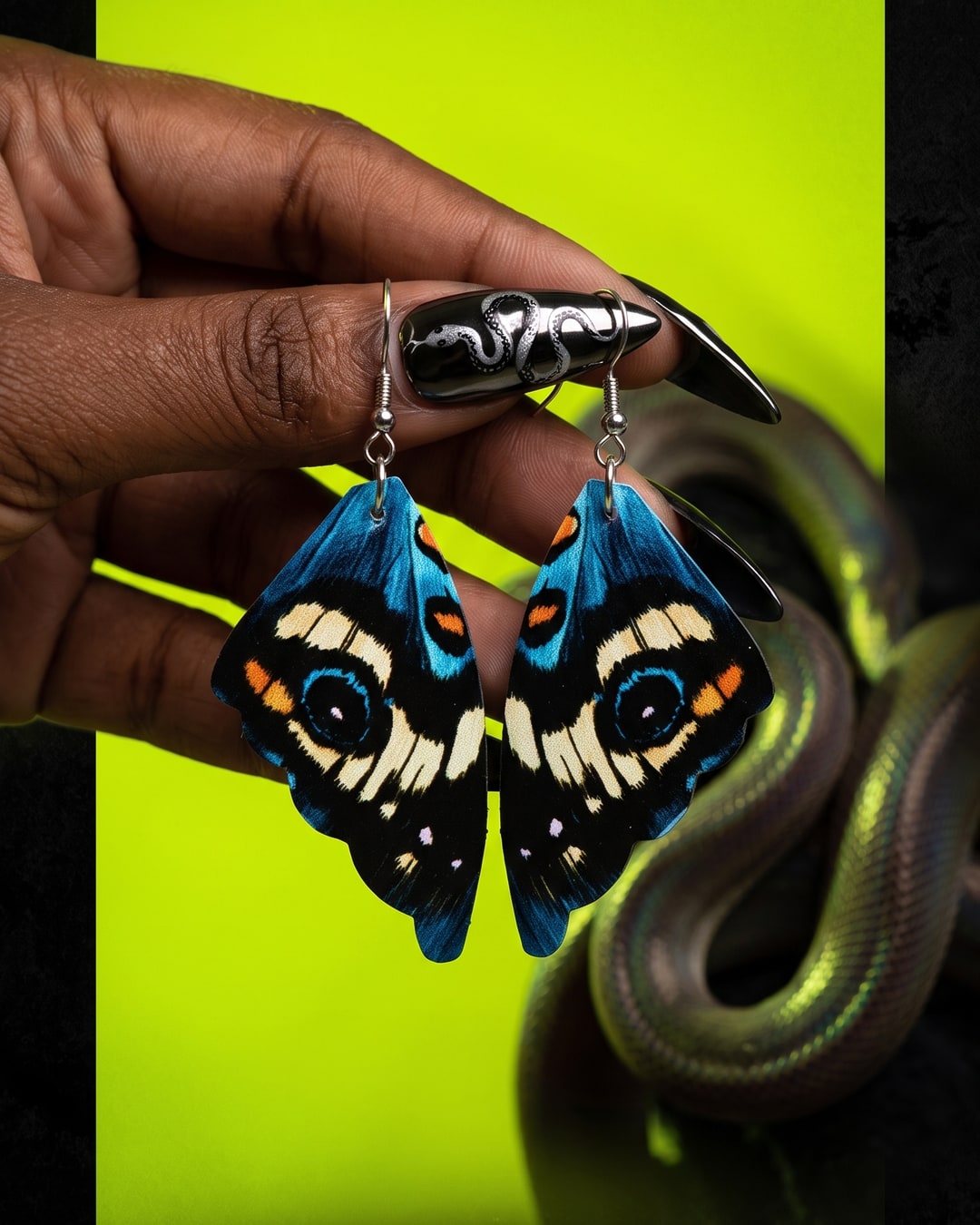Butterfly Wing Drop Earrings, Whimsigoth Moth Wing Dangles, Teal and Black Printed Panels, Dark Feminine Gift. Photograph 1 of 4.