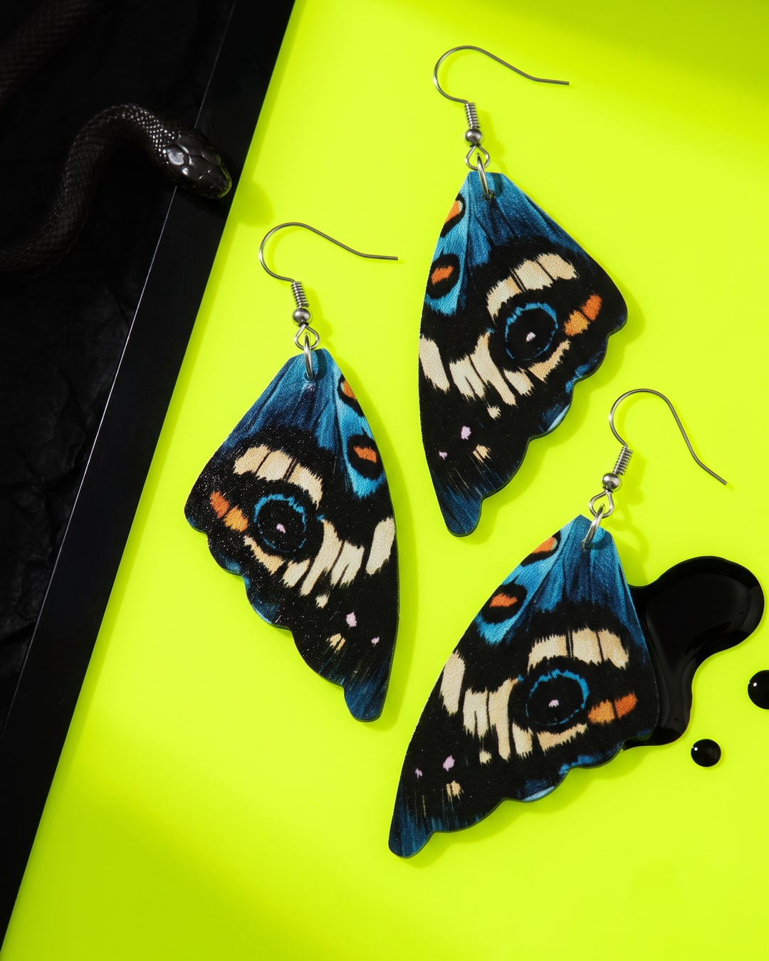 Butterfly Wing Drop Earrings, Whimsigoth Moth Wing Dangles, Teal and Black Printed Panels, Dark Feminine Gift. Photograph 2 of 4.