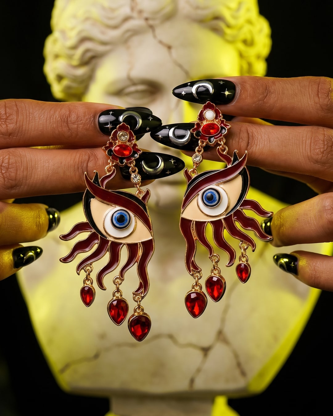 Evil Eye Drop Earrings, Red Enamel Flame Lashes with Teardrop Stone Dangles, Dark Feminine Statement Pair. Photograph 1 of 4.