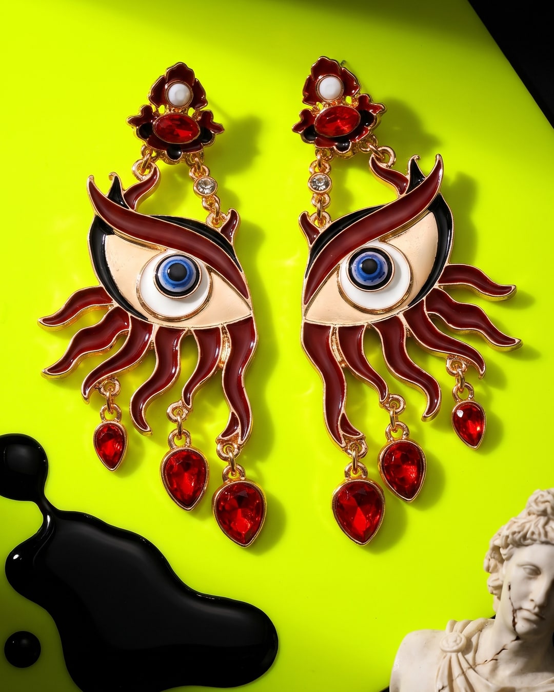 Evil Eye Drop Earrings, Red Enamel Flame Lashes with Teardrop Stone Dangles, Dark Feminine Statement Pair. Photograph 2 of 4.
