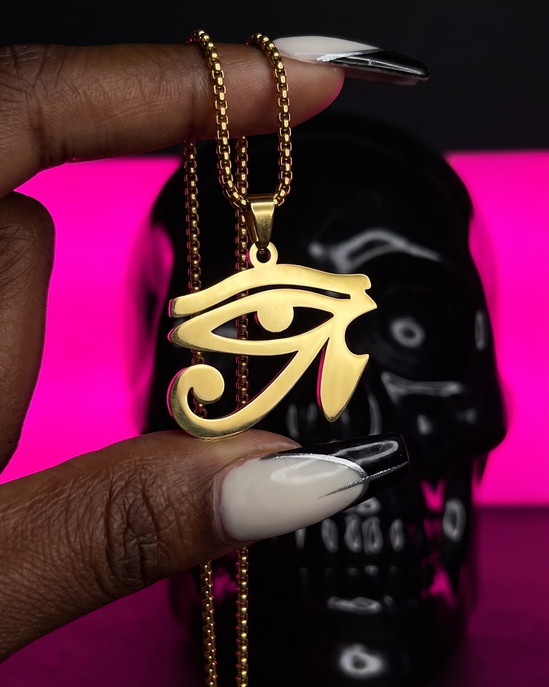 Gold-Tone Eye of Horus Necklace, Dark Feminine Amulet Pendant, Ancient Egyptian Talisman on Box Chain. Photograph 1 of 4.