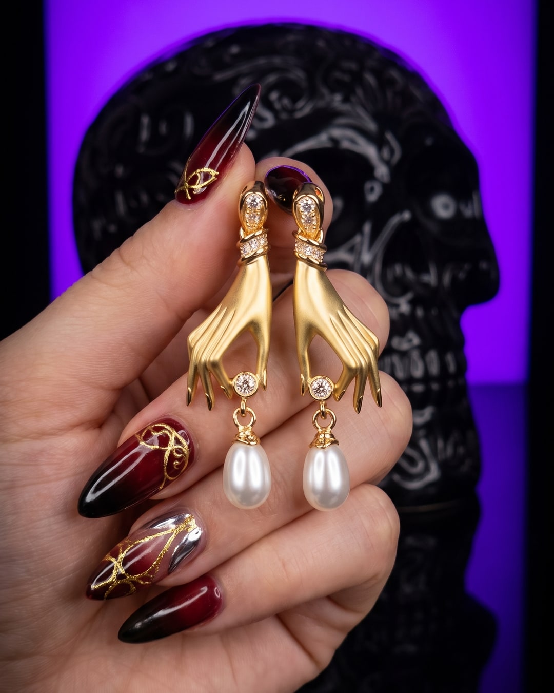 Gold-Tone Hand and Pearl Drop Earrings, Dark Romantic Victorian Dangles, Whimsigoth Vampire Aesthetic Pair. Photograph 1 of 4.