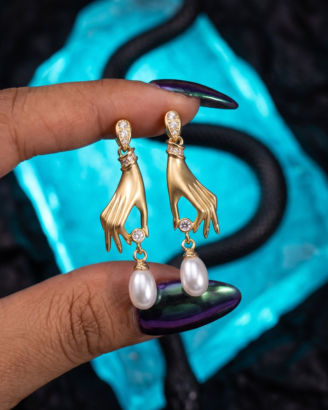 Gold-Tone Hand Pearl Drop Earrings, Dark Romantic Victorian Dangles, Pave Crystal Wrist and Faux Pearl Drop. Photograph 1 of 4.