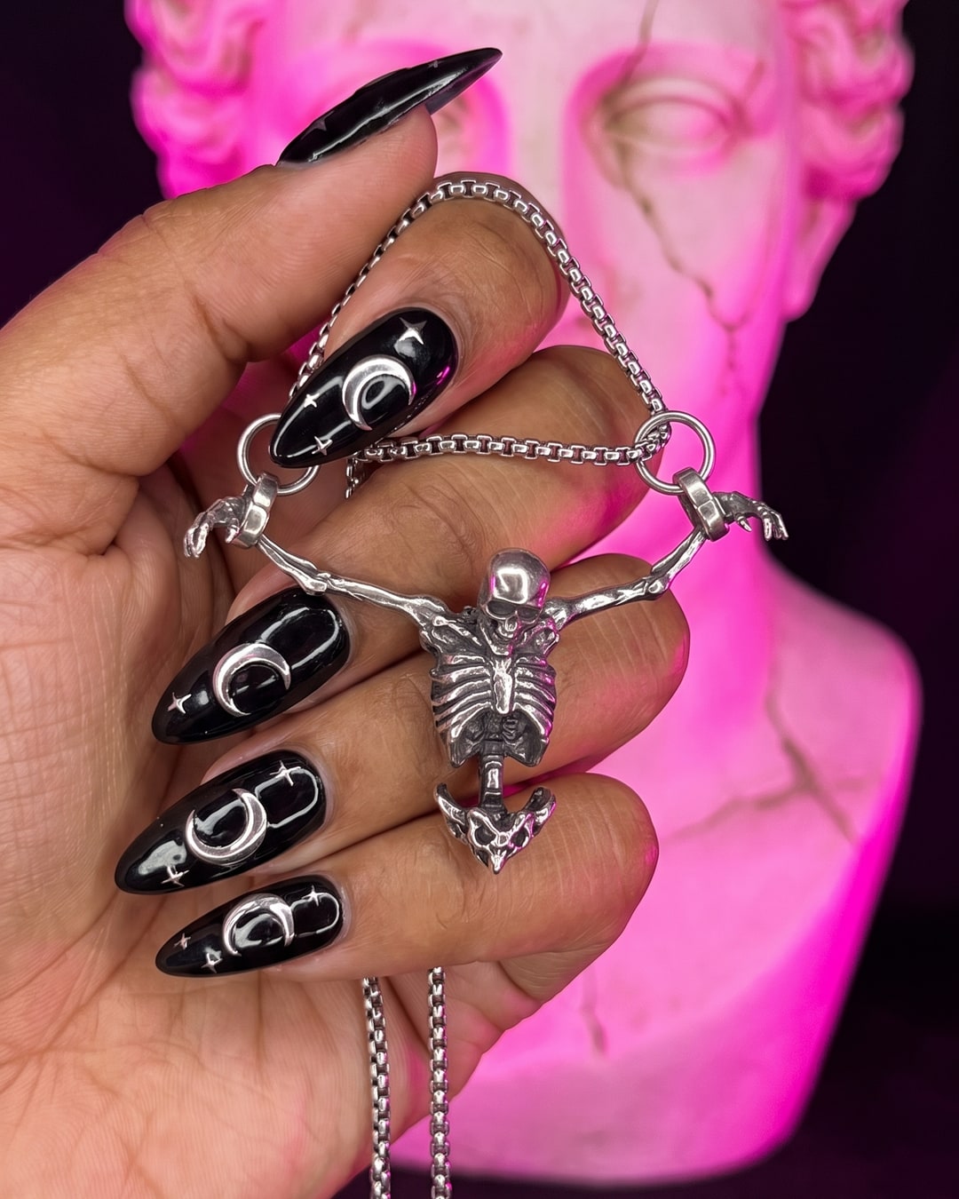 Hanging Skeleton Necklace, Antiqued Silver-Tone Gothic Pendant, Dark Feminine Box Chain Choker. Photograph 1 of 4.