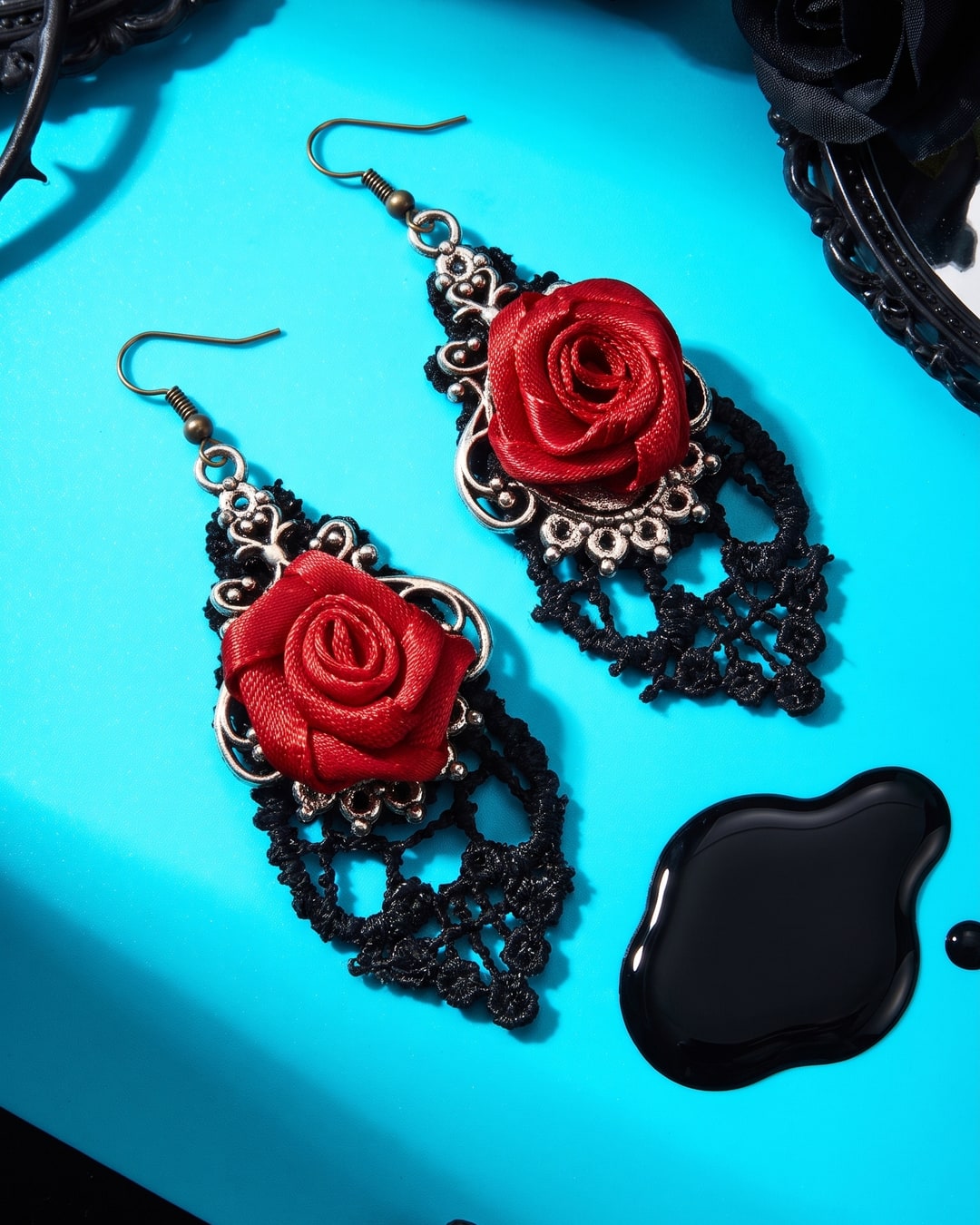 Red Rose Lace Drop Earrings, Dark Romantic Gothic Dangles, Black Lace Teardrop Panel with Filigree Scrollwork. Photograph 2 of 4.