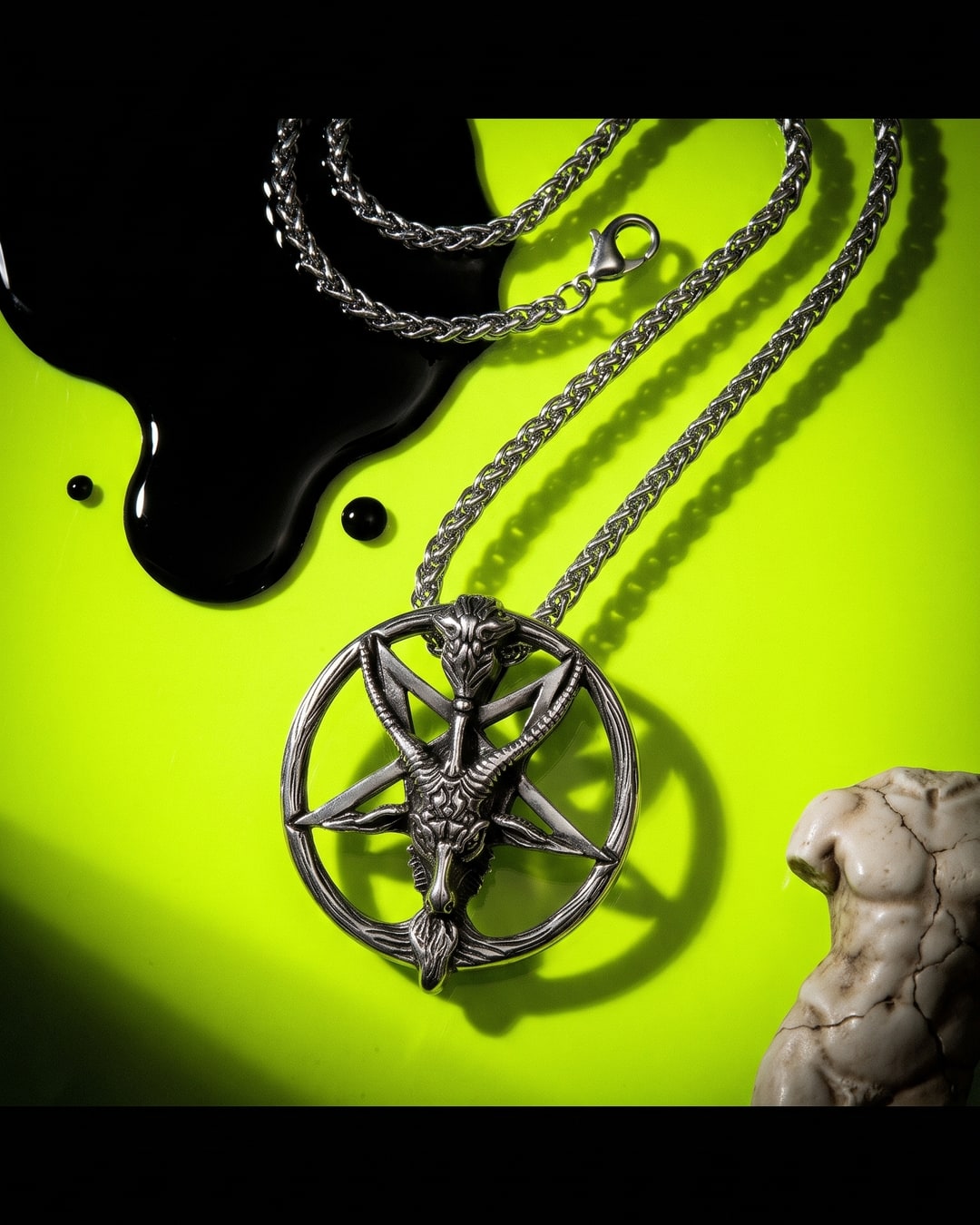 Silver-Tone Baphomet Pentagram Necklace, Horned Goat Head Pendant, Dark Feminine Occult Charm, Wheat Chain Lobster Clasp. Photograph 2 of 4.