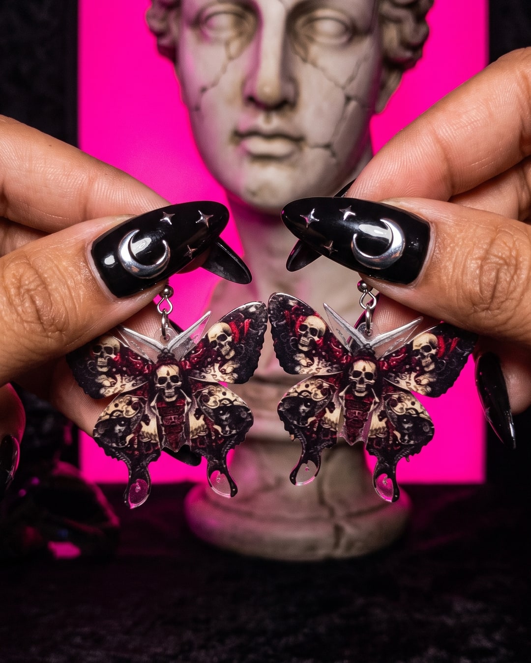 Skull Butterfly Drop Earrings, Death Moth Gothic Pendants, Dark Feminine Jewelry, Printed Acrylic Wings. Photograph 1 of 4.