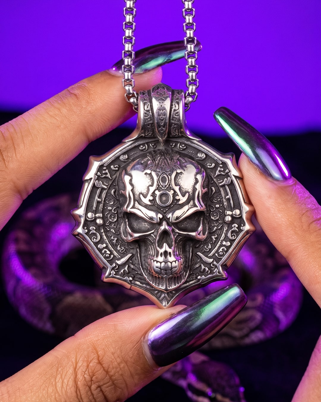Skull Medallion Necklace, Antiqued Silver-Tone Gothic Pendant, Dark Feminine Engraved Amulet, Box Chain. Photograph 1 of 4.