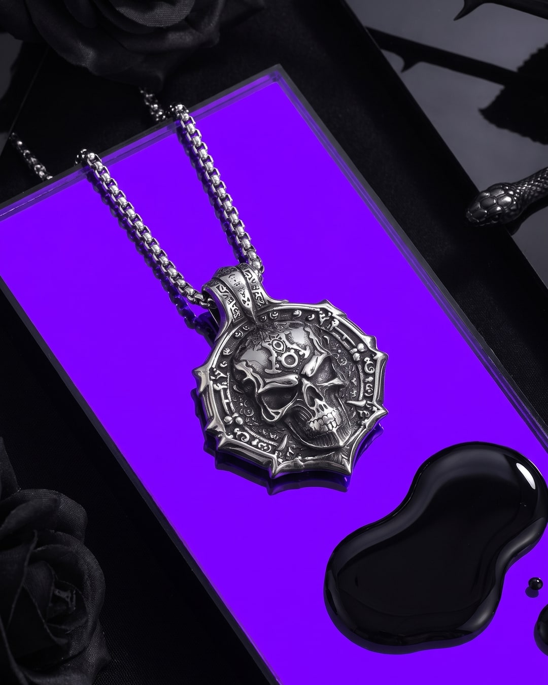Skull Medallion Necklace, Antiqued Silver-Tone Gothic Pendant, Dark Feminine Engraved Amulet, Box Chain. Photograph 2 of 4.