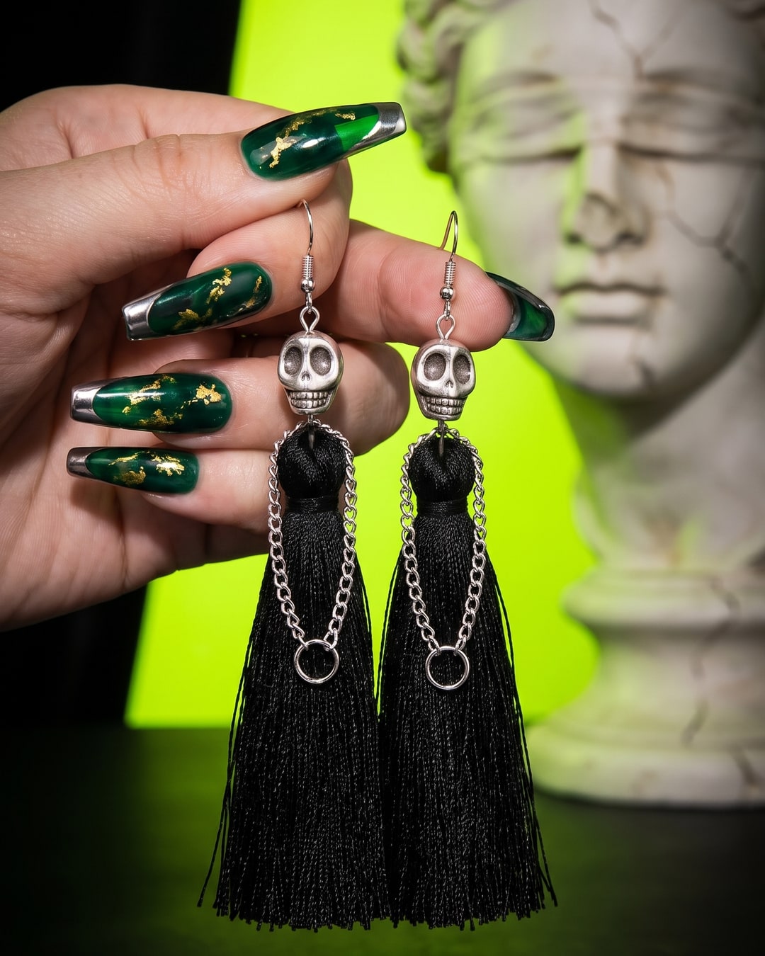 Skull Tassel Drop Earrings, Silver-Tone Skull Bead and Black Fringe, Dark Feminine Gothic, Draped Chain Swag. Photograph 1 of 4.