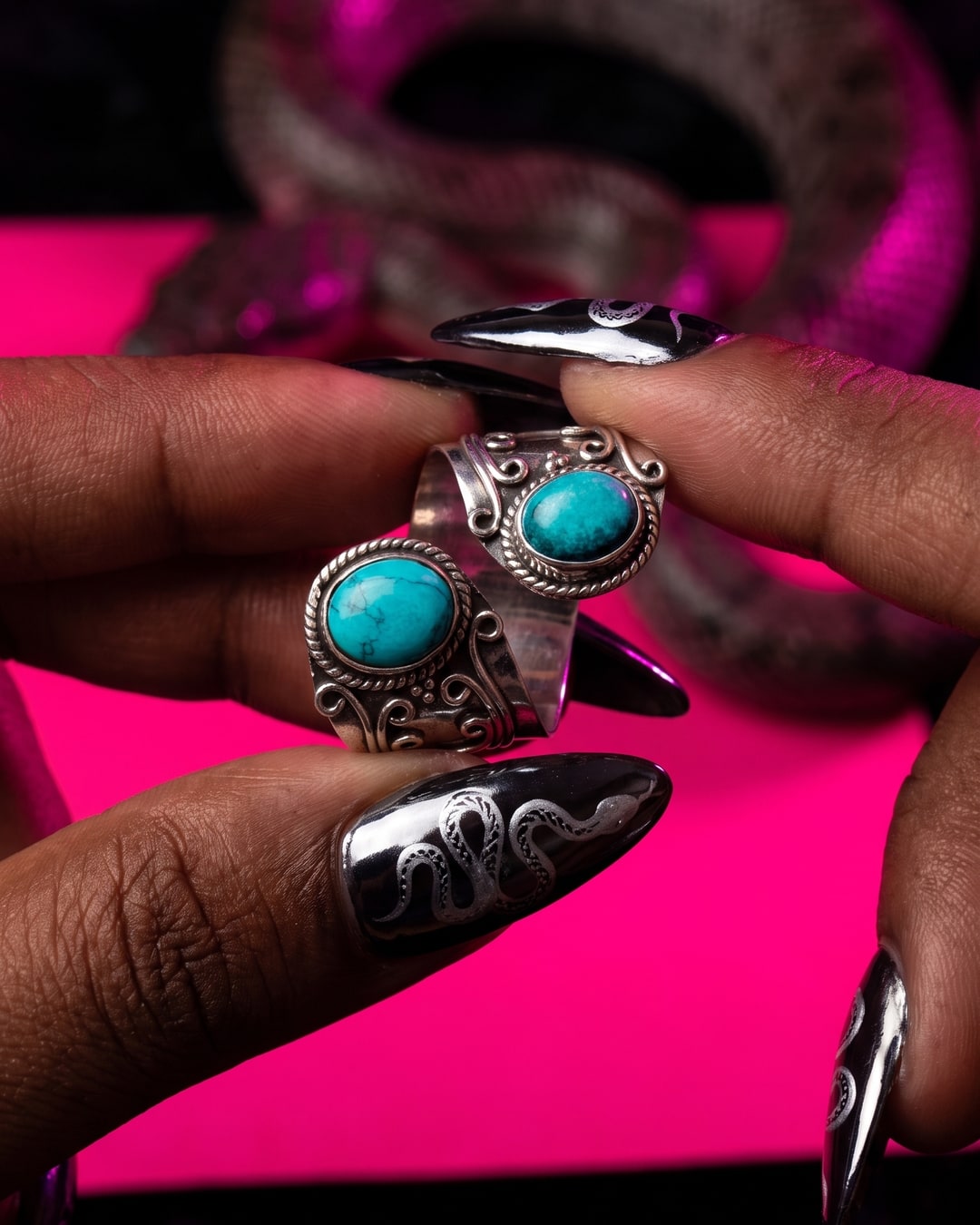 Turquoise-Blue Stone Bypass Ring, Antiqued Silver-Tone Filigree, Whimsigoth Statement Ring, Adjustable Open Band. Photograph 1 of 4.