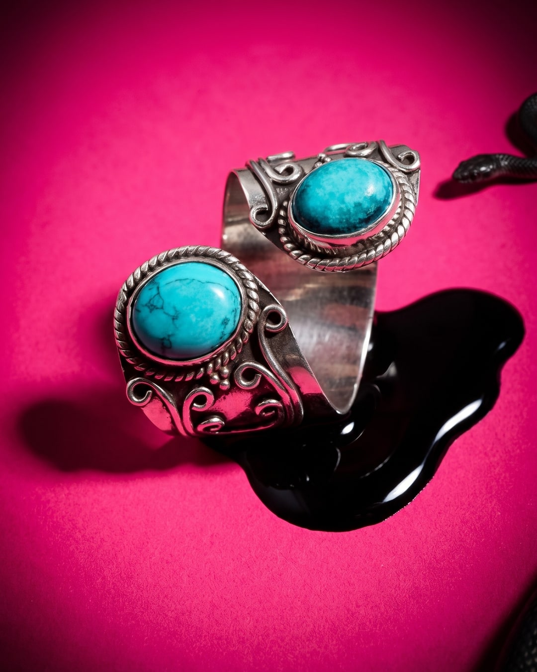 Turquoise-Blue Stone Bypass Ring, Antiqued Silver-Tone Filigree, Whimsigoth Statement Ring, Adjustable Open Band. Photograph 2 of 4.