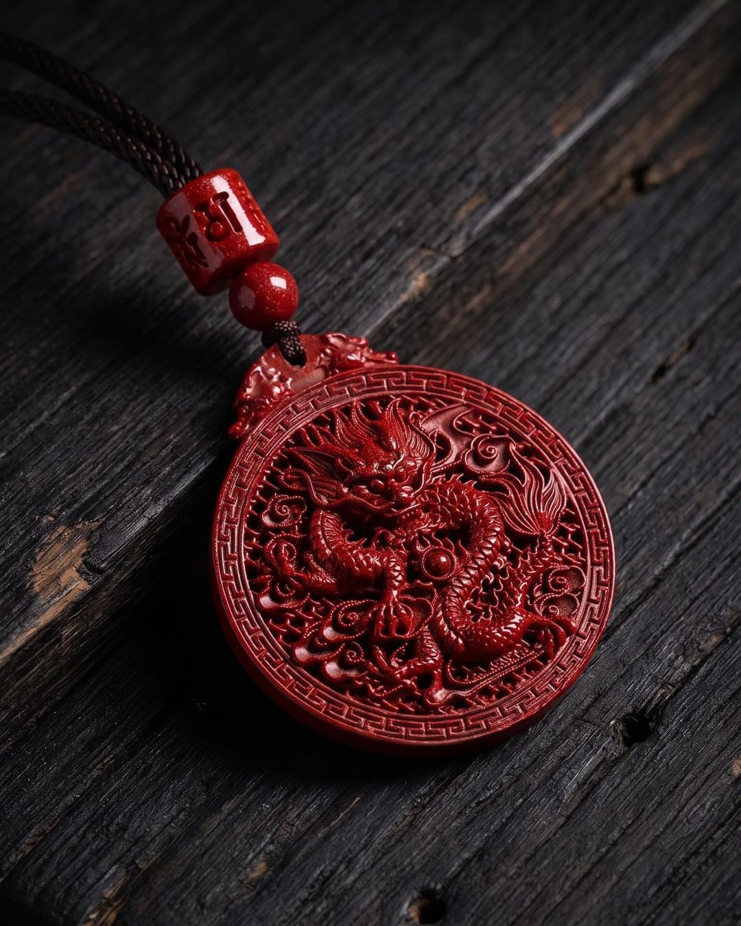 Carved red dragon pendant necklace worn long over a black slip dress, dragon centered on the chest