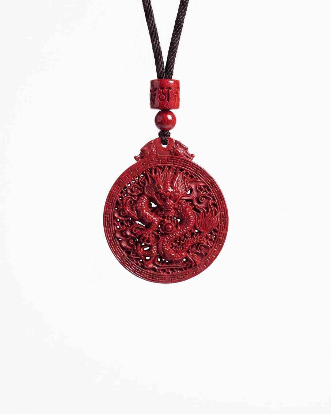 Carved red dragon pendant necklace shown flat, deep red disc with relief dragon, openwork ground, greek key border