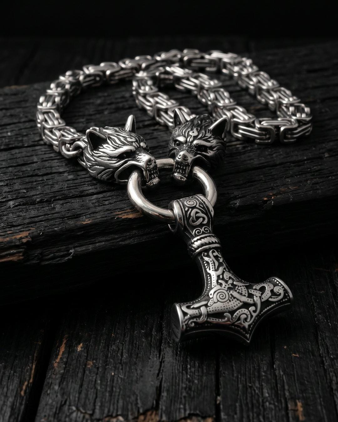 Wolf head hammer necklace flat lay showing knotwork pendant and byzantine chain