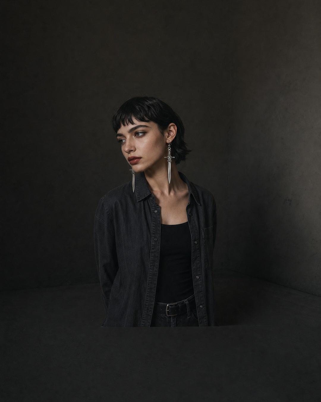 Silver-tone sword drop earrings worn against a dark background