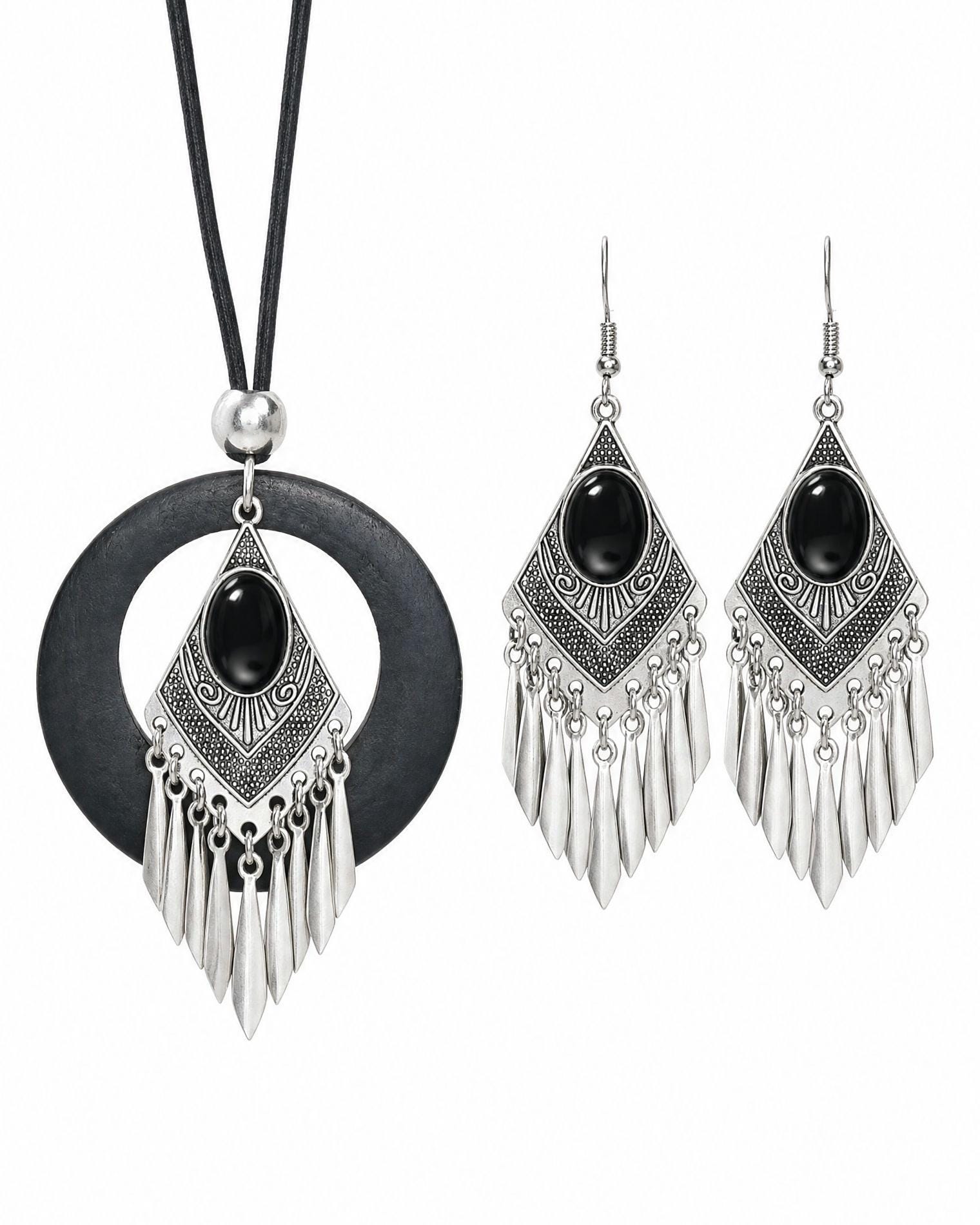 Dark feminine goth three-piece set showing diamond plaques with black cabochons and five spike tassels each