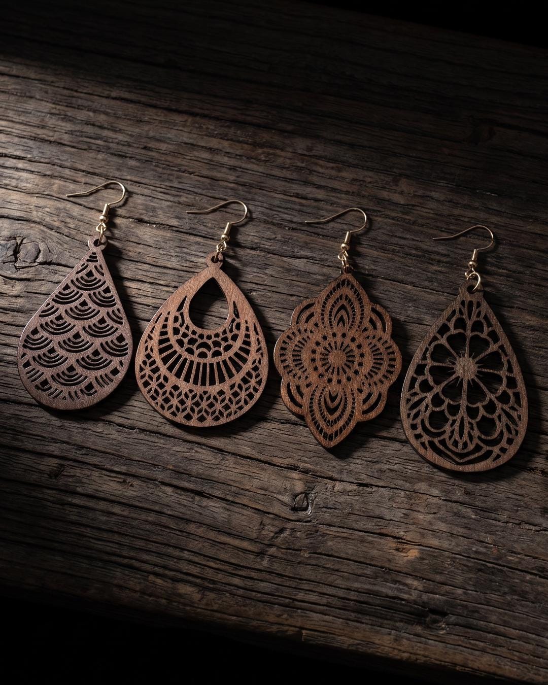 Wooden laser-cut floral pendant earrings worn, teardrop pair against loose dark hair.