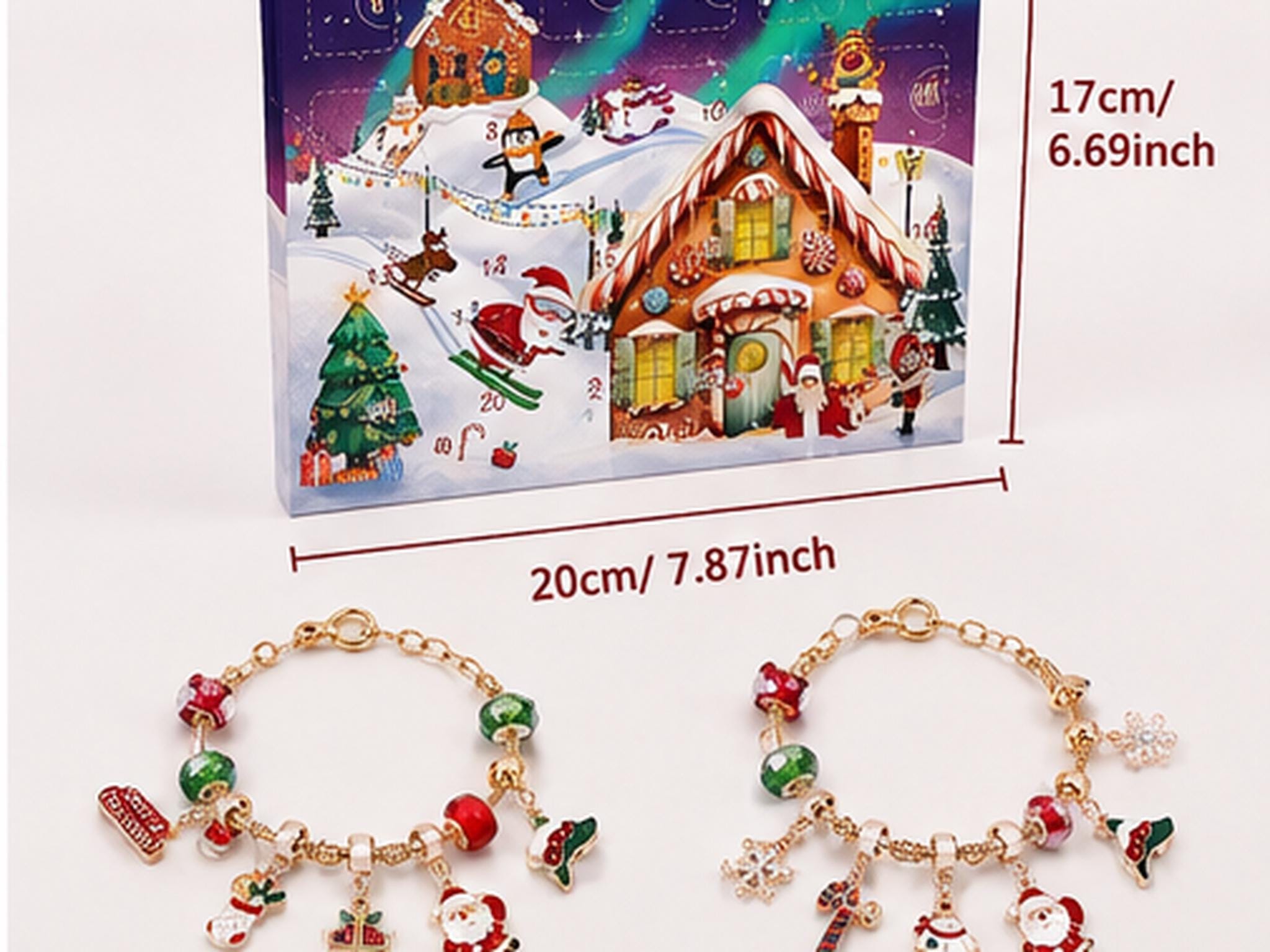 Bracelet advent calendar box with illustrated snowy Christmas scene, closed compartments visible across the front panel