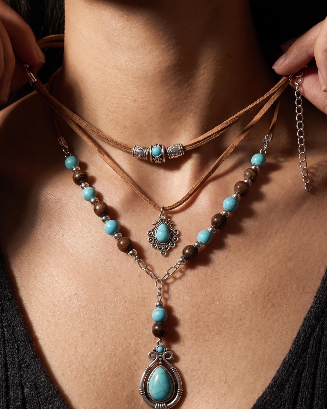 Turquoise and Suede Layered Boho necklace worn together showing teardrop pendant at neckline