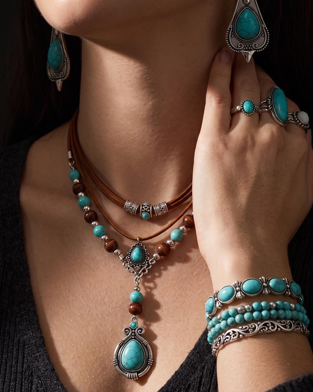 Boho Layered Leather Cord Jewelry Set worn together, pendant resting on bare skin