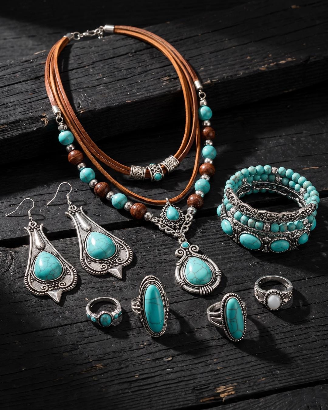 Boho Layered Leather Cord Jewelry Set laid flat showing necklace, earrings, bracelets and five rings