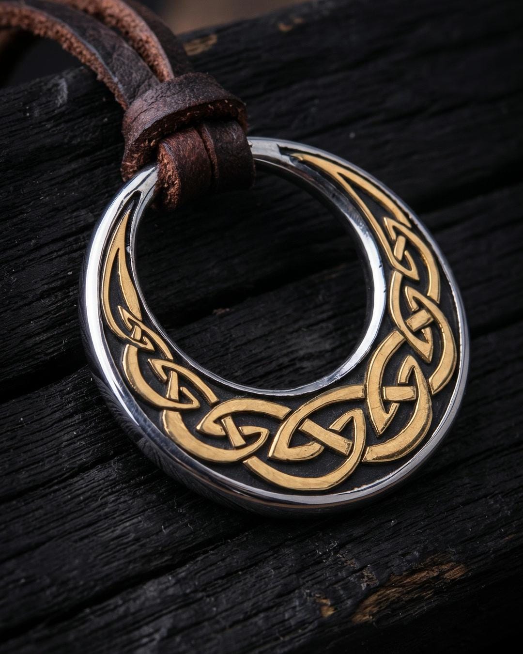 Close-up of the celtic knot crescent moon necklace showing the two-tone silver and gold knotwork on a black recessed field