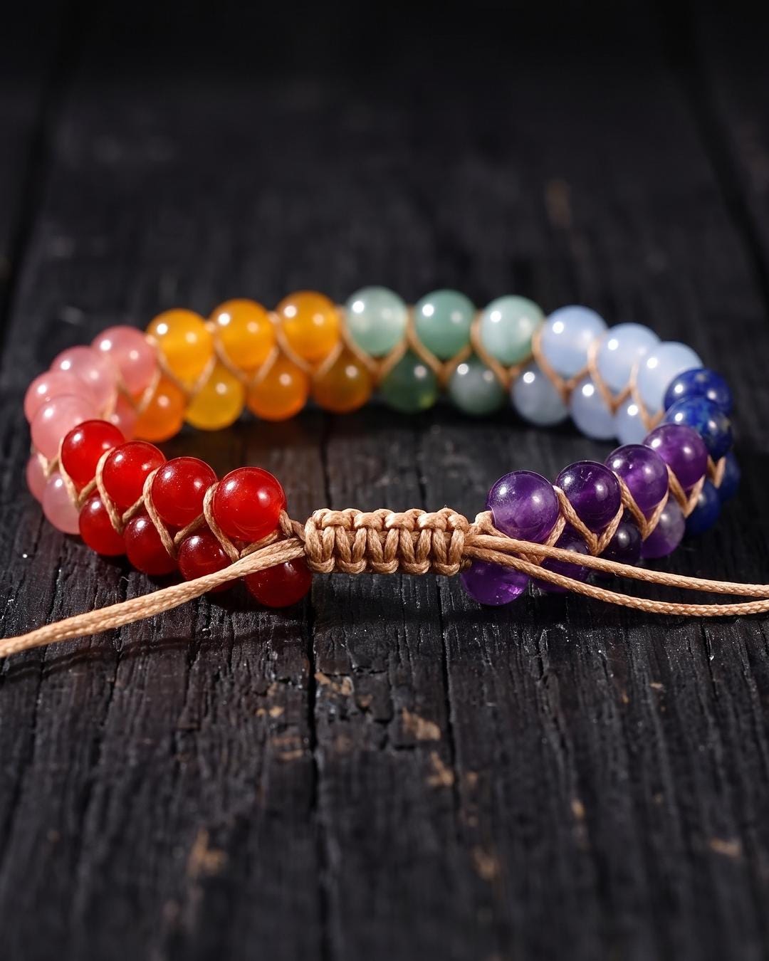 Rainbow stone double row ankle bracelet worn on a wrist alongside silver rings against a dark background